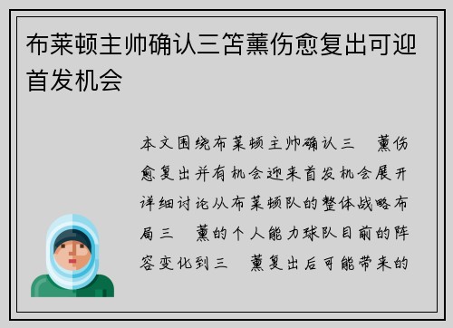 布莱顿主帅确认三笘薰伤愈复出可迎首发机会