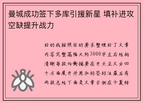 曼城成功签下多库引援新星 填补进攻空缺提升战力